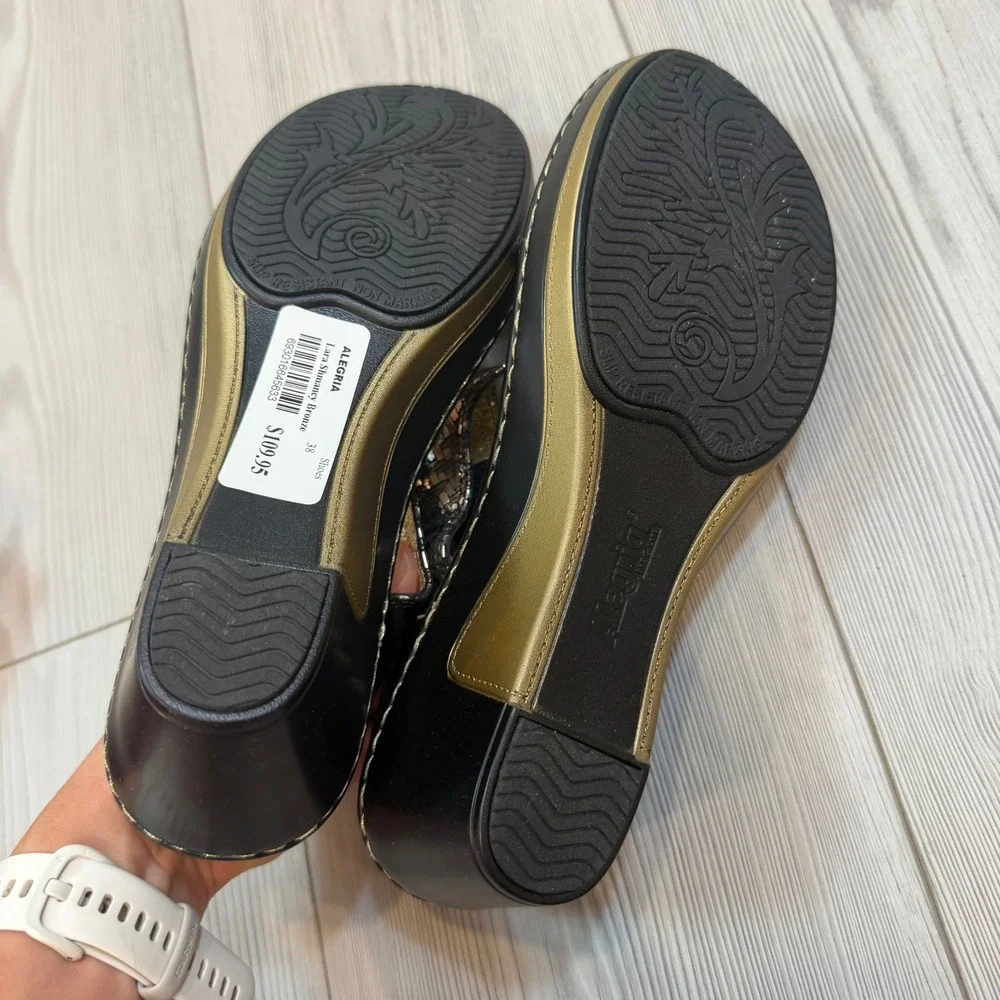 Alegria Lara Shmancy Bronze Metallic Leather Wedge Sandals 38 US 8-8.5 NEW